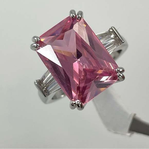 Exquisite Large Radiant Cut Pink Diamond CZ Silver Plated Statement Ring